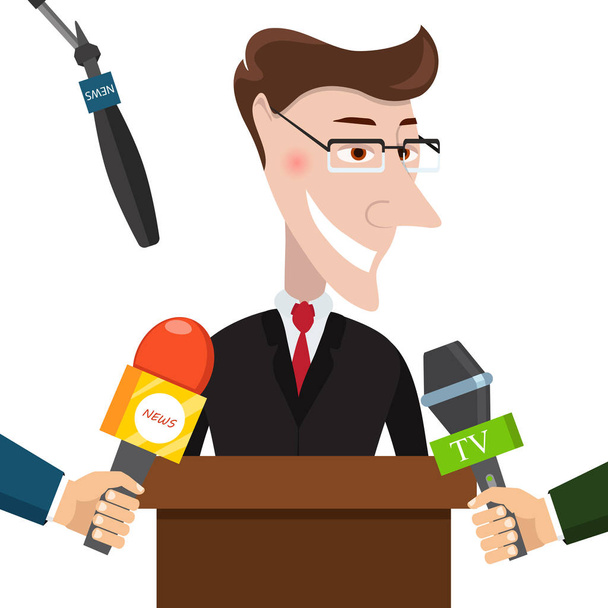 Businessman gives a reporter interview. Press conference. Live report, live news concept. Vector illustration - Vector, Image