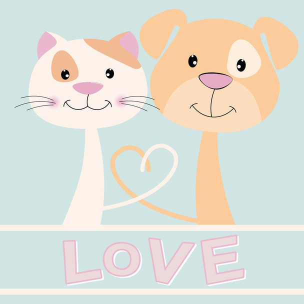 Kitty and puppy with text love on blue background. - ベクター画像