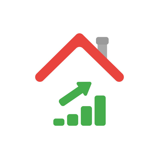 Conceito de ícone de ilustração vetorial de gráfico de barras de vendas movendo-se para cima sob telhado da casa. - Vetor, Imagem