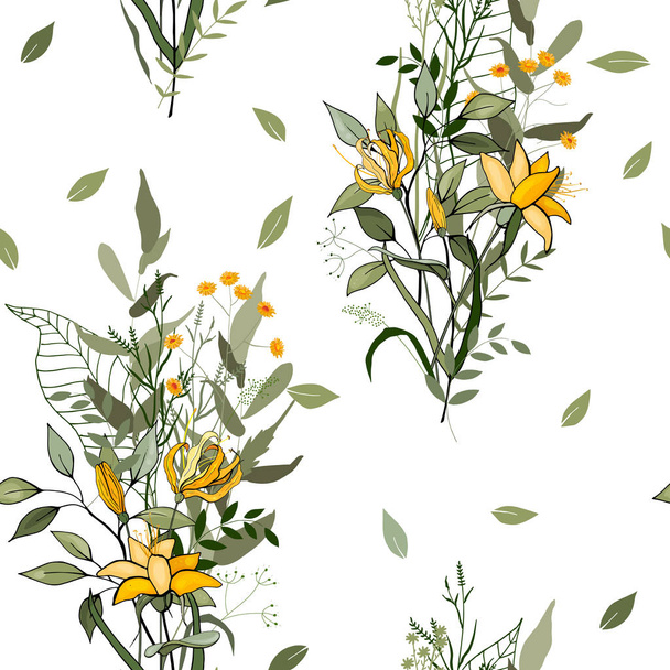 Blossom floral seamless pattern. Vintage background. Wallpaper. Blooming realistic isolated flowers. Hand drawn. Vector illustration. - Вектор, зображення