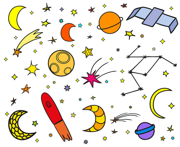 Kosmos elementów na białym tle. Kolekcja. Kolorowe doodles dla projektu. Ręcznie rysowane miejsca prostego symboli. Grafika liniowa. Zestaw różnych znaków astronomicznych. Sztuka tworzenia - Wektor, obraz