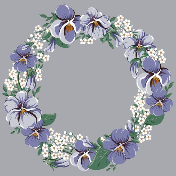 vector drawings of round wreath with violet leaves and violaceous flowers, floral frame - Vector, Image
