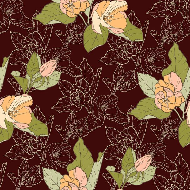 nahtloses Muster mit Apfelblüte. rundes Kaleidoskop von Blumen und floralen Elementen. Kranz. Designkarte. - Vektor, Bild