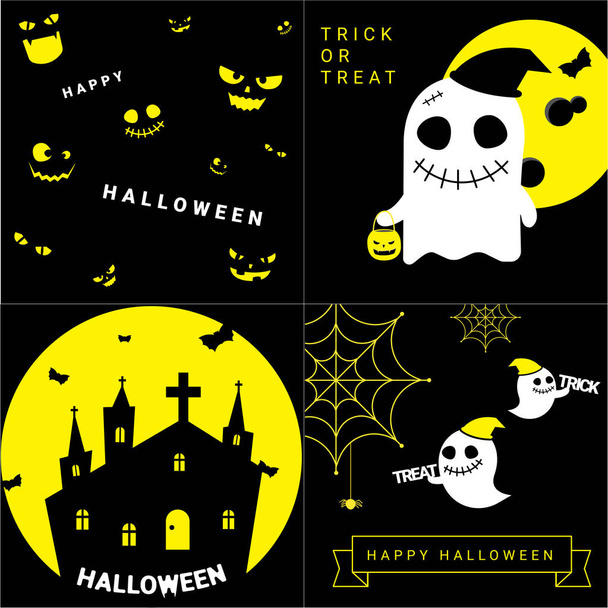 fröhliche Halloween-Banner Hintergrund mit Geisterhaus, Geist, Kürbis, Fledermaus und Spinne Cartoon Vektor Illustration - Vektor, Bild