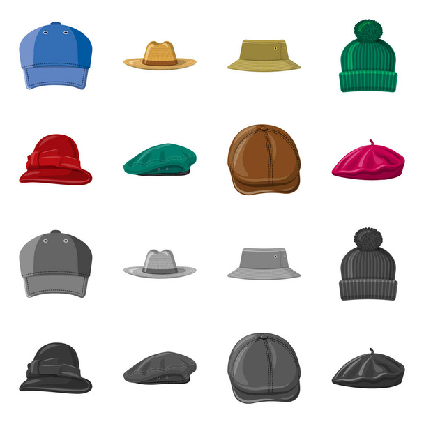 Vector illustration of headwear and cap symbol. Collection of headwear and accessory stock symbol for web. - Wektor, obraz