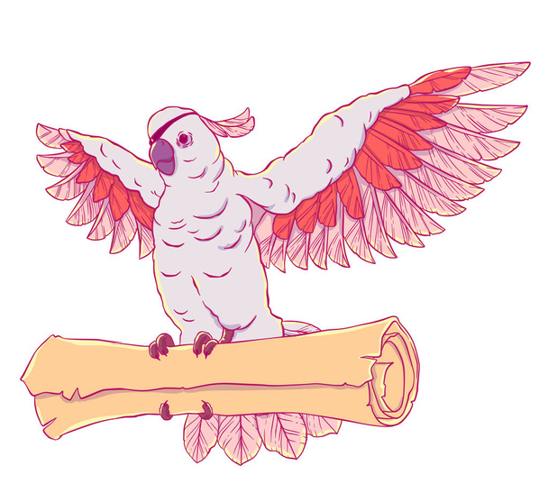 Papagaio pirata em voo com asas estendidas e a moeda em suas patas. Cacatua. Ilustração vetorial isolada sobre fundo branco
 - Vetor, Imagem