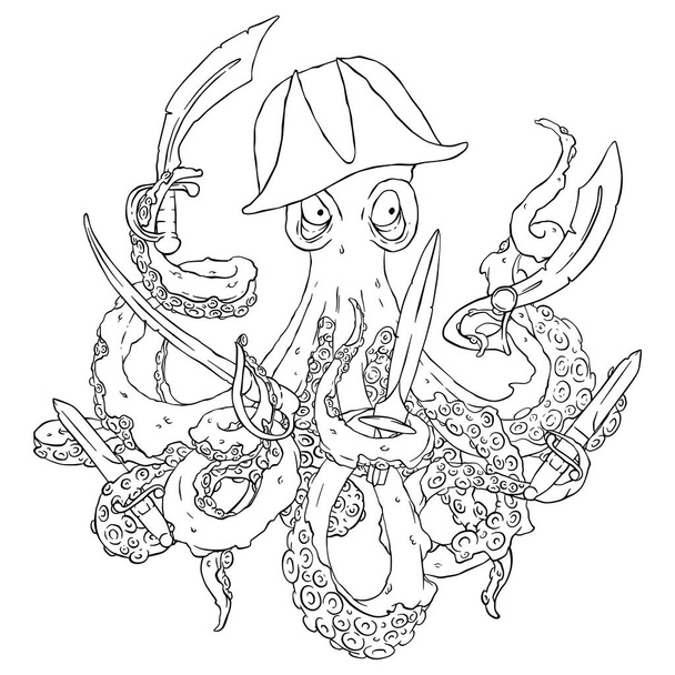 Angry pirate-octopus with arms. Sword, dagger, blade. Aggressive. Vector illustration isolated on white. Coloring page. - Vector, Image