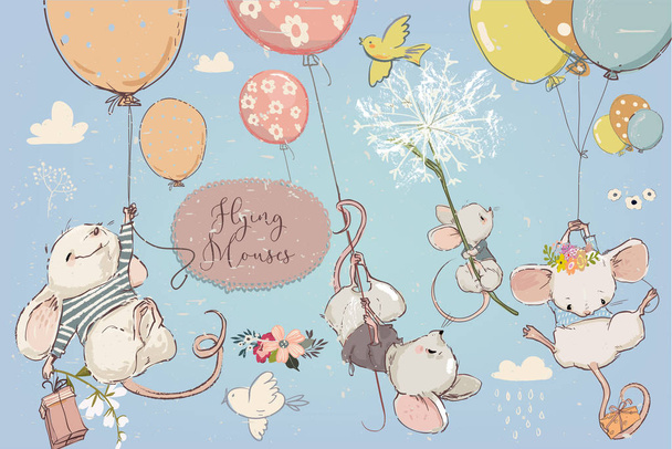 かわいい誕生日風船ネズミとコレクション - ベクター画像
