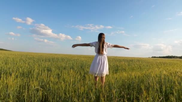 hermosa chica en vestido blanco bailando en el campo de trigo sobre un fondo de cielo azul
 - Metraje, vídeo