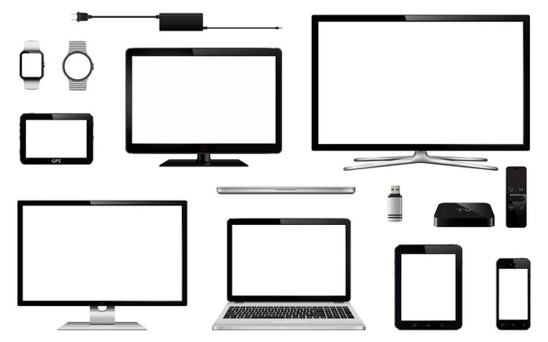Reális Tv, számítógép-monitor, laptopok, tablet, mobiltelefon, intelligens óra, usb villanás hajt, Tv box vevő, Gps navigációs rendszer eszköz és a laptop töltő adapter készlet. Vektoros eps10 - Vektor, kép