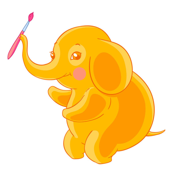 Παχύ χαριτωμένο ελέφαντα πορτοκαλί κατέχει το πινέλο στο πορτ μπαγκάζ. Καλλιτέχνης. Εικονογράφηση διάνυσμα. T-shirt Εκτύπωση. Ευχετήρια κάρτα. - Διάνυσμα, εικόνα