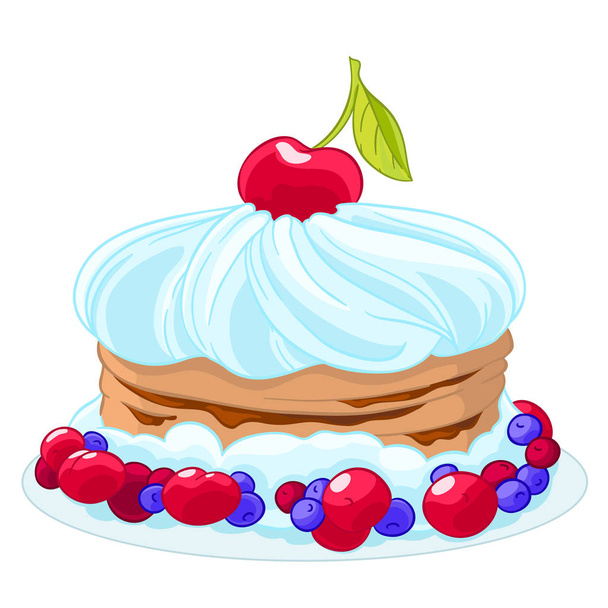 Icon sweet cartoon cake with whipped cream, cherries, blueberries and berries. Treat for the birthday. Vector illustration isolated on white. T-shirt printing. - Vektör, Görsel