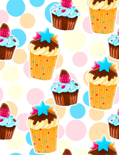Seamless decorative pattern with muffins in cartoon style. Polka dot background. Sweet pastry texture - Vector, Image