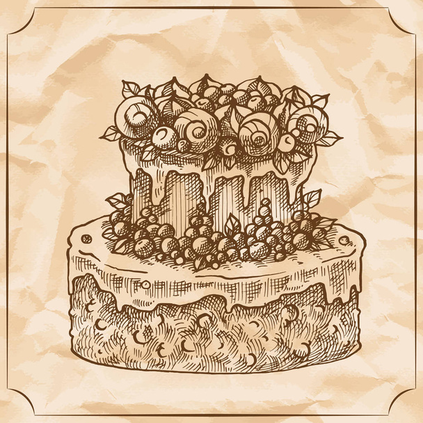 Doce retro bolo de casamento delicioso de dois níveis. Ilustração desenhada à mão vetorial. Impressão de t-shirt. Fundo de papel velho
 - Vetor, Imagem