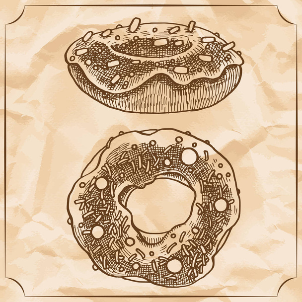 Two sweet vintage donuts with sprinkles, frosting and the marshmallow. Vector hand drawn illustration. T-shirt printing. Old paper background - Vector, Image
