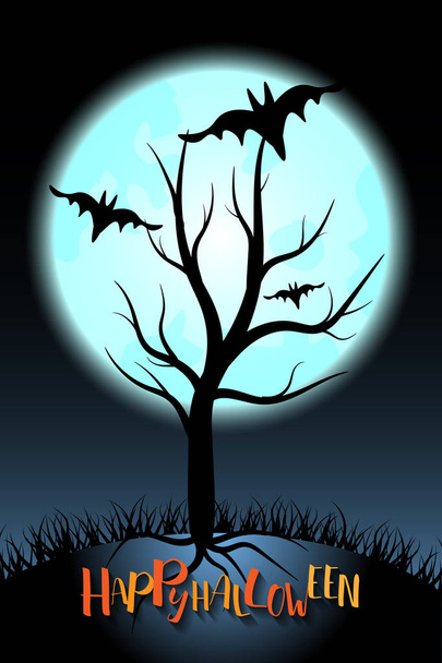 Holý strom Halloween a tmavé bat na modrý měsíc pozadí, obrázek. - Vektor, obrázek