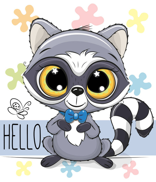 Cute Cartoon Raccoon with a blue bow tie on a flowers background - Vektor, kép
