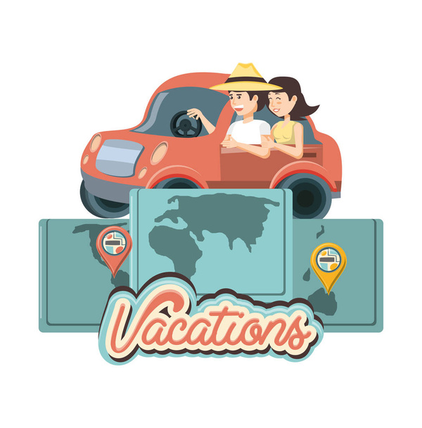 pareja en vacaciones de viaje en coche
 - Vector, imagen