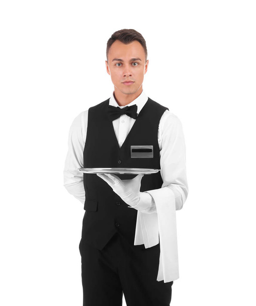 Waiter holding metal tray on white background - 写真・画像