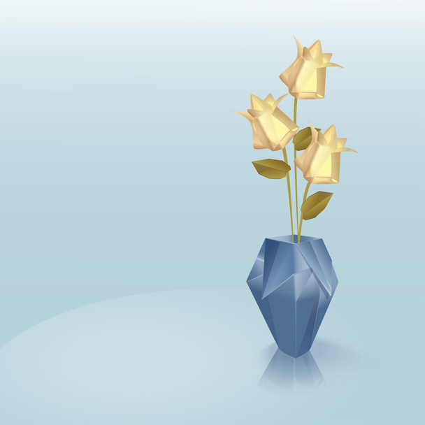 黄色いばらを持つ青の折り紙の花瓶 - ベクター画像