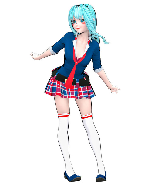 3D sexy anime doll japanese anime schoolgirl big blue eyes and bright makeup. Skirt cage. Cartoon, comics, sketch, drawing, manga illustration. Conceptual fashion art. Seductive candid pose. - Valokuva, kuva