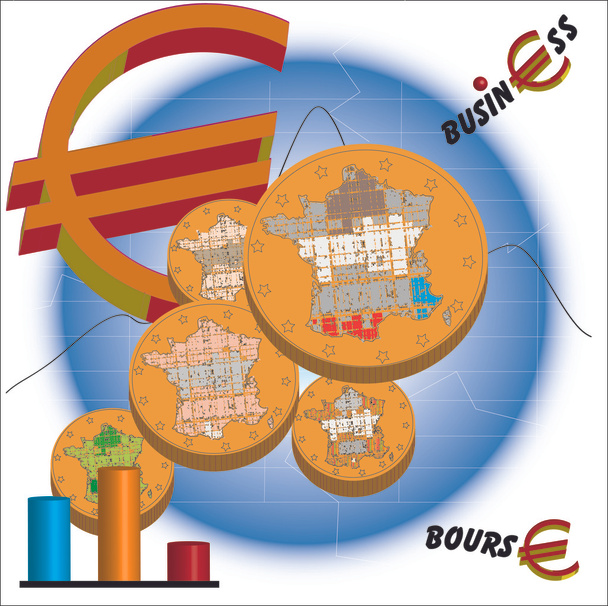 κέρματα και γαλλική χάρτη με το σύμβολο του ευρώ - Διάνυσμα, εικόνα