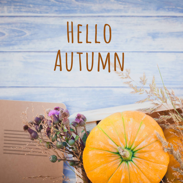 Square Top view of autumn orange pumpkins and dry flowers and grass in box thanksgiving background over blue toned wooden table with greeting message Hello Autumn - 写真・画像