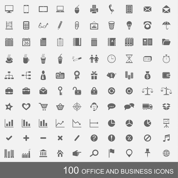 Set 100 zakelijke en office-pictogrammen. eenvoudige donker grijze pictogrammen met lichte achtergrond. - Vector, afbeelding