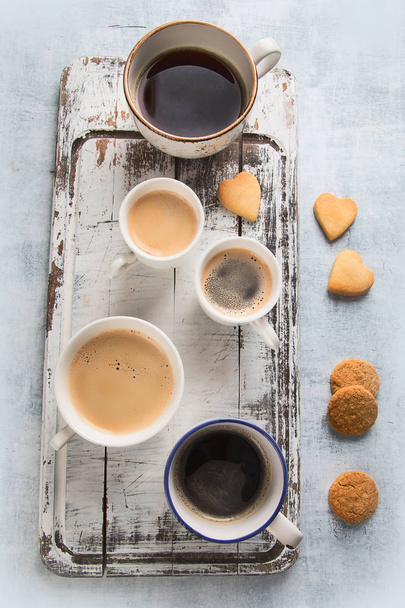 Different cups of coffee. Coffee time concept. Top view - Foto, Imagen