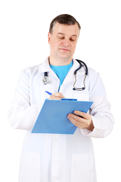 Medical doctor with stethoscope and clipboard isolated on white - Φωτογραφία, εικόνα