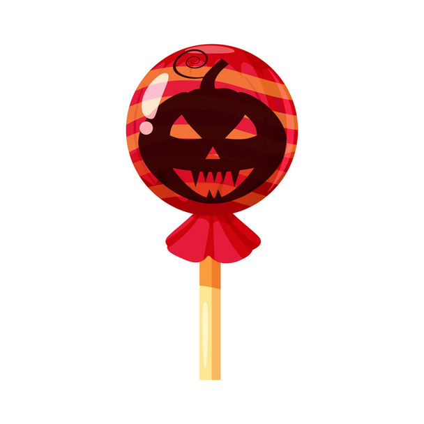 Barevné bonbóny, lízátka, bonbon, karamelový svátek Halloween. Červená barva s prvky svátku Halloween, dýně Jack lampa charakter. Vektor, izolované, kreslený styl - Vektor, obrázek