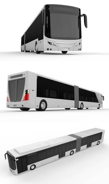 Installez un grand bus urbain avec une partie allongée supplémentaire pour une grande capacité de passagers pendant les heures de pointe ou le transport de personnes dans des zones densément peuplées. Modèle de modèle pour placer vos images et inscriptions. Rendu 3d
 - Photo, image