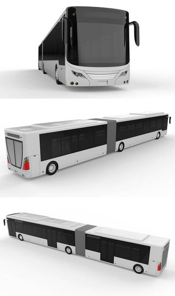 Installez un grand bus urbain avec une partie allongée supplémentaire pour une grande capacité de passagers pendant les heures de pointe ou le transport de personnes dans des zones densément peuplées. Modèle de modèle pour placer vos images et inscriptions. Rendu 3d
 - Photo, image