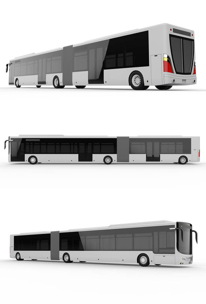 Establezca un autobús urbano grande con una parte alargada adicional para una gran capacidad de pasajeros durante la hora punta o el transporte de personas en áreas densamente pobladas. Modelo de plantilla para colocar sus imágenes e inscripciones. renderizado 3d
 - Foto, Imagen