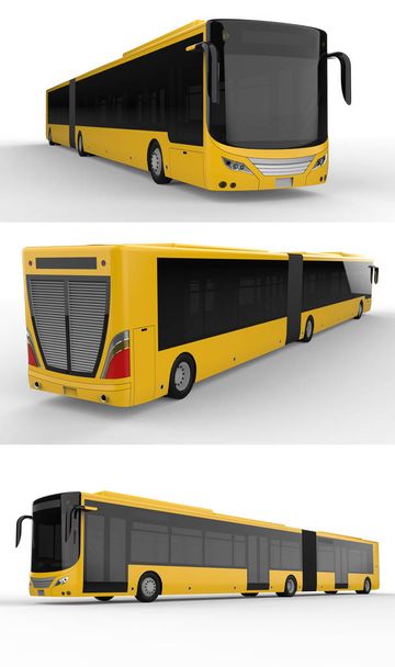 Установите большой городской автобус с дополнительной удлиненной частью для больших пассажирских мощностей в час пик или перевозки людей в густонаселенных районах. Шаблон модели для размещения изображений и надписей. 3d-рендеринг
 - Фото, изображение