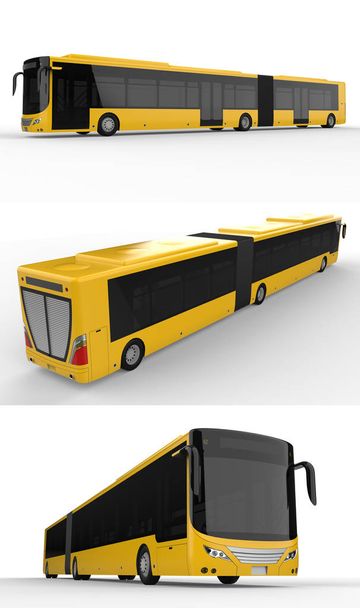 Set large city bus with an additional elongated part for large passenger capacity during rush hour or transportation of people in densely populated areas. Model template for placing your images and inscriptions. 3d rendering - Photo, Image