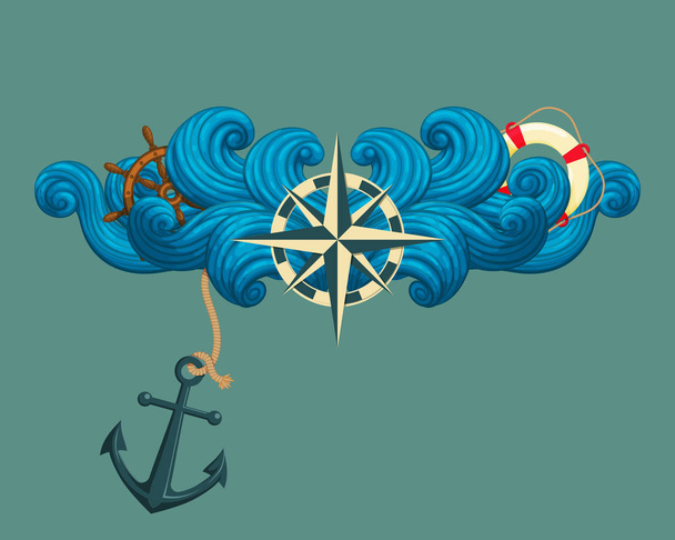 Vector icon, sticker, t-shirt design, label design template. Rose of the winds and symmetrical stylized waves with ship's wheel, lifebuoy and anchor isolated on white background. - Διάνυσμα, εικόνα