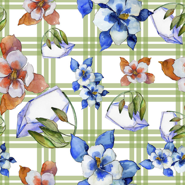 Watercolor colorful aquilegia flower. Floral botanical flower. Seamless background pattern. Fabric wallpaper print texture. Aquarelle wildflower for background, texture, wrapper pattern, frame. - Foto, Imagen