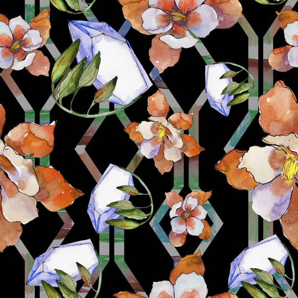 Watercolor colorful aquilegia flower. Floral botanical flower. Seamless background pattern. Fabric wallpaper print texture. Aquarelle wildflower for background, texture, wrapper pattern, frame. - Valokuva, kuva
