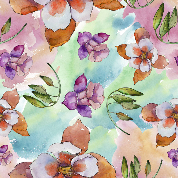 Watercolor colorful aquilegia flower. Floral botanical flower. Seamless background pattern. Fabric wallpaper print texture. Aquarelle wildflower for background, texture, wrapper pattern, frame. - Photo, Image