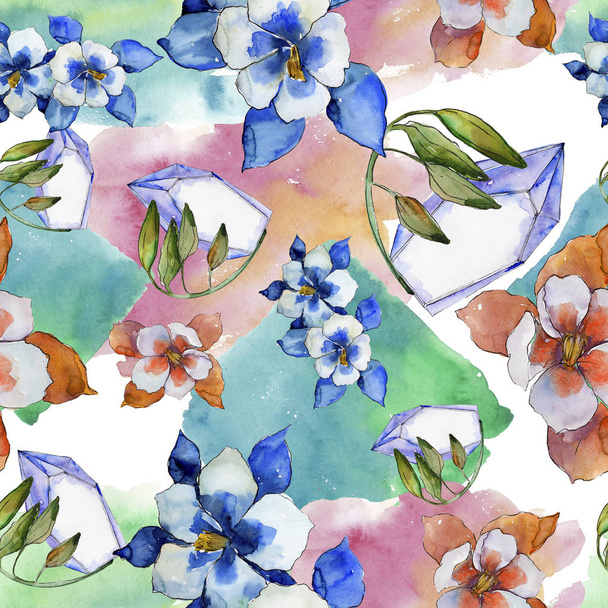 水彩のカラフルなオダマキの花。花植物の花。シームレスな背景パターン。壁紙印刷手触りの生地。背景、テクスチャ、ラッパー パターン、フレーム aquarelle ワイルドフラワー. - 写真・画像