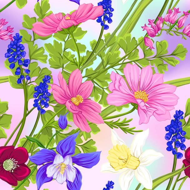 Floral seamless pattern, background with spring flowers.  - Vector, Imagen