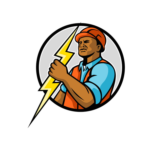 Ilustración de una mascota de un electricista afroamericano negro o un hombre de línea de energía sosteniendo un rayo establecido dentro del círculo sobre un fondo blanco aislado hecho en estilo retro
. - Vector, Imagen