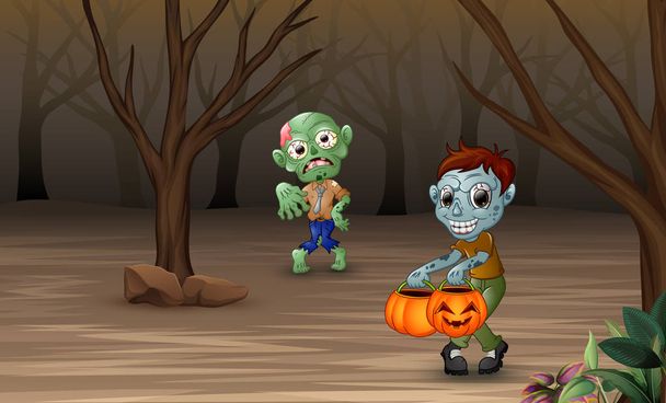 Векторная иллюстрация зомби-мультфильмов, гуляющих по мертвому лесу
 - Вектор,изображение