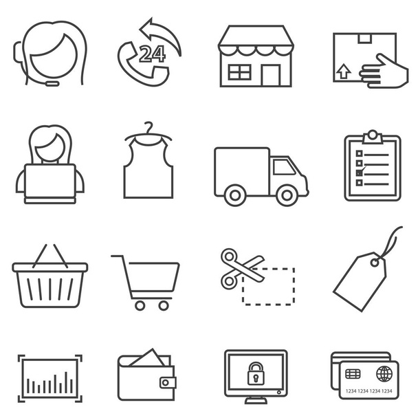 Nakupování, maloobchodní, prodej a on-line e-commerce Černá linie ikona sada pro web - Vektor, obrázek