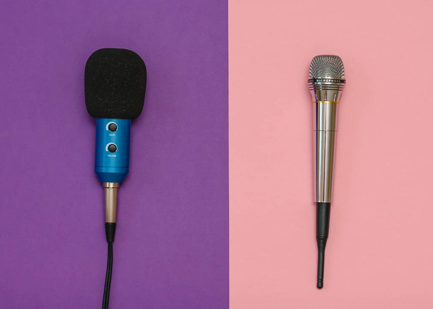 Wireless microphone, classic microphone with wire on a pink and purple background. The view from the top. Equipment for the music Studio. Flat lay. - Zdjęcie, obraz