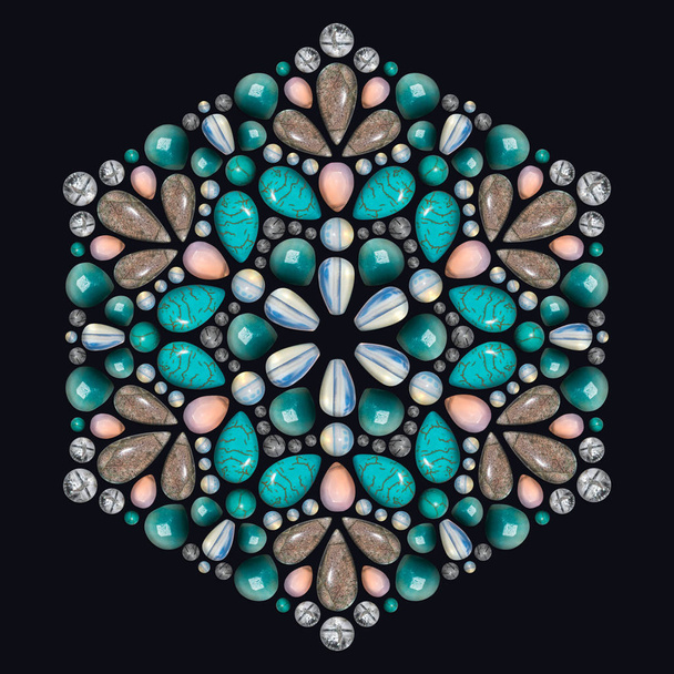Creatieve lay-out van sieraden. De mandala is gemaakt van verschillende edelstenen op zwart - Foto, afbeelding