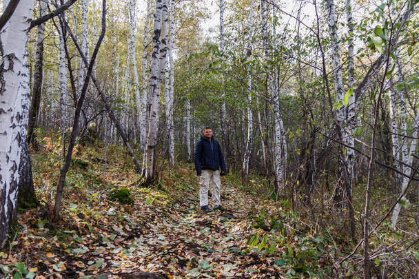 man in a jacket is in the autumn Birch forest - Φωτογραφία, εικόνα