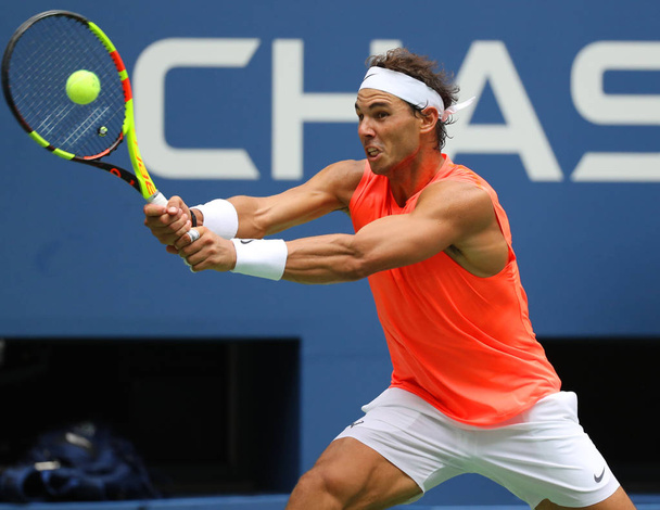NEW YORK - SEPTEMBER 2, 2018: 17-time Grand Slam champion Rafael Nadal of Spain in action during his 2018 US Open round of 16 match at Billie Jean King National Tennis Center - Fotoğraf, Görsel