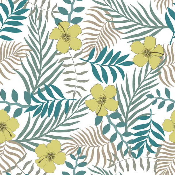Tropical background with palm leaves and flowers. Seamless floral pattern. Summer vector illustration - Vector, Image